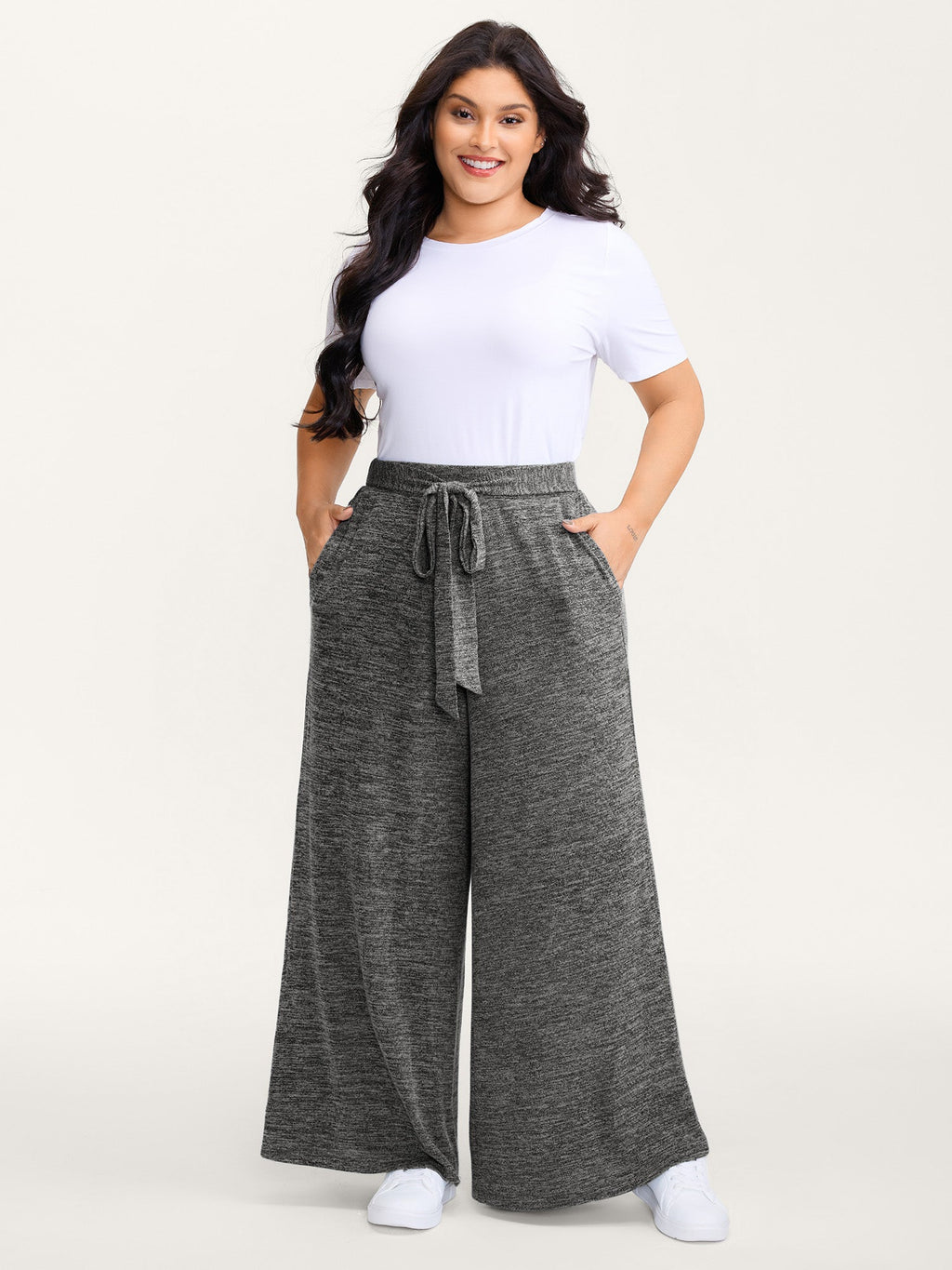 Stretchy Mixed-Color Belted Wide-Leg Pants