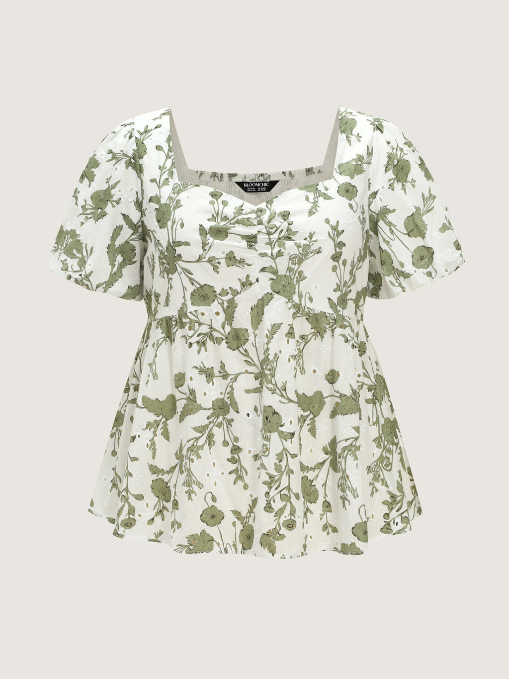 Cotton Floral Print Ruched Bubble Sleeve Blouse