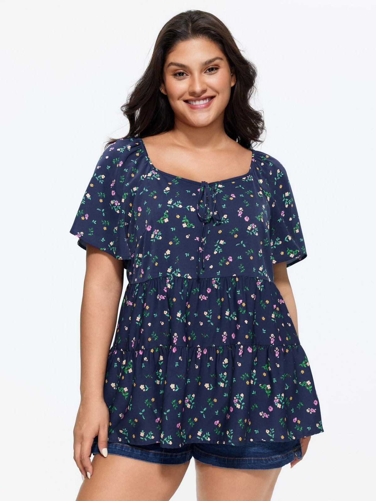 Micro Floral Print Sweetheart Neck Blouse