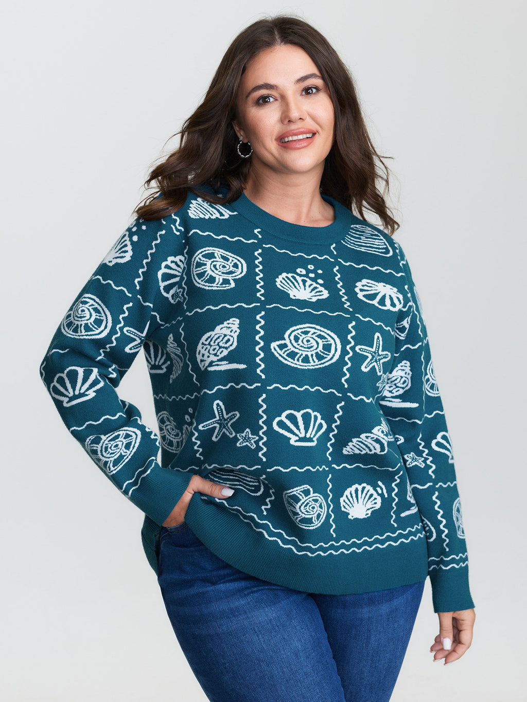 Ocean Pattern Jacquard Ribbed Hem Pullover