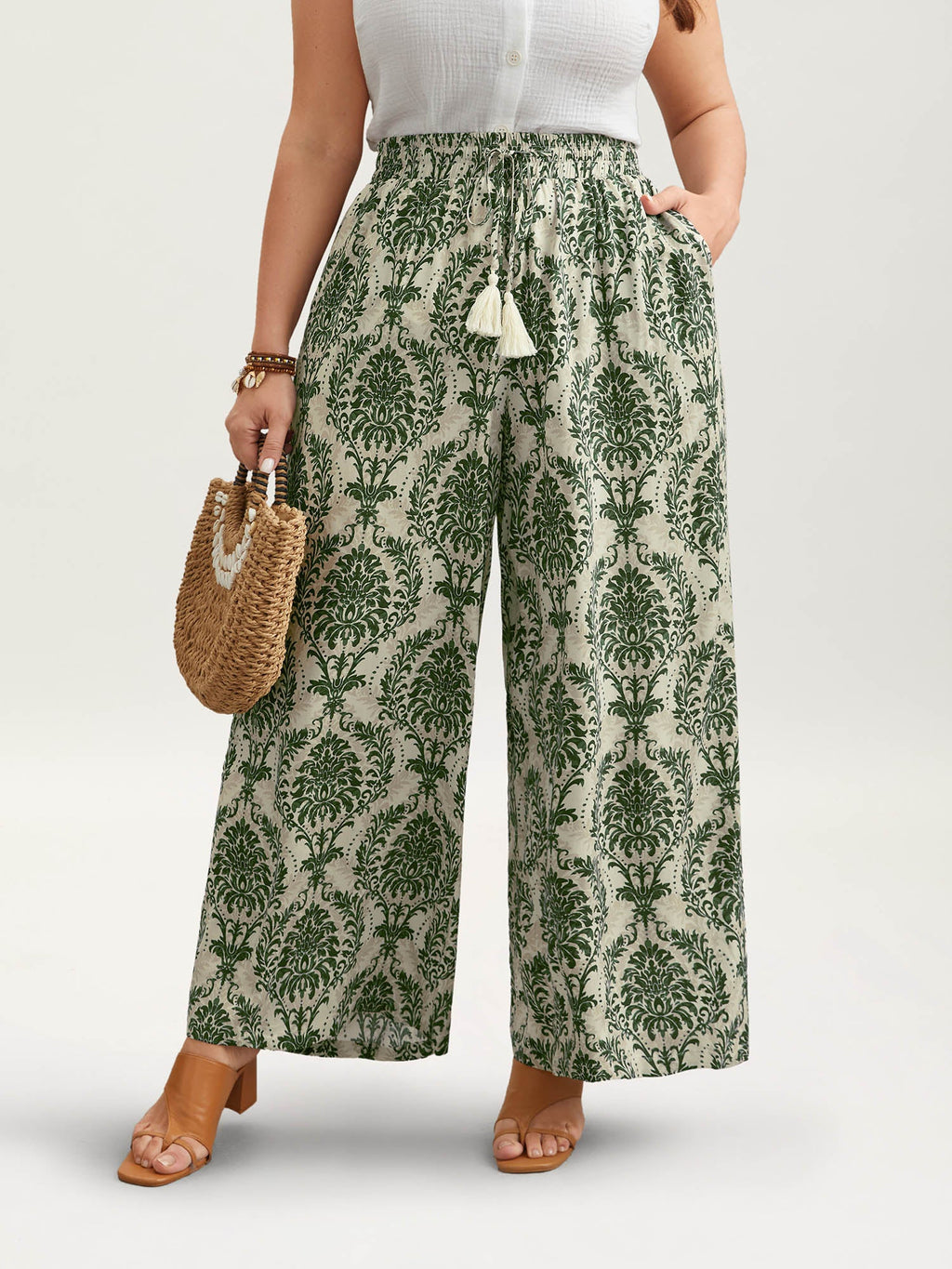 Damask Print Tassel Straight-Leg Pants
