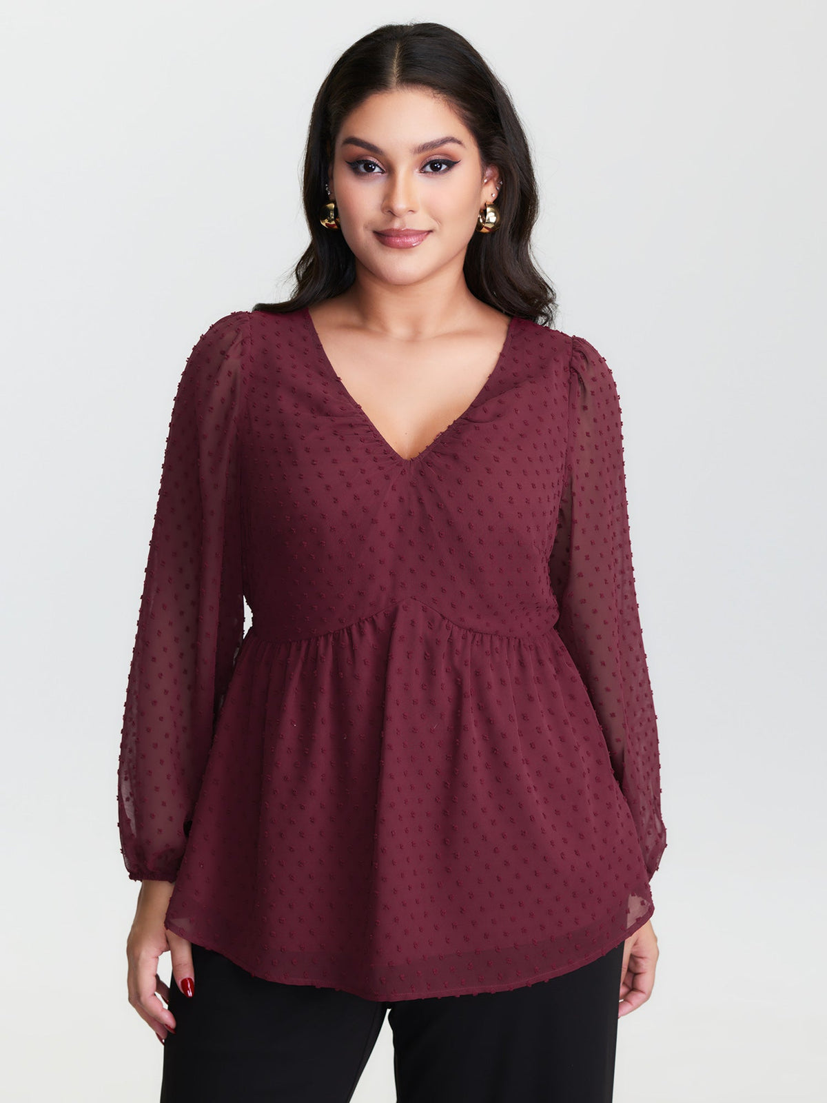 Polka Dot Jacquard Textured Shirred Blouse