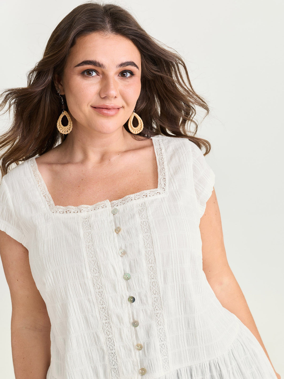 Lace Trim Sheer Ruffled Hem Blouse