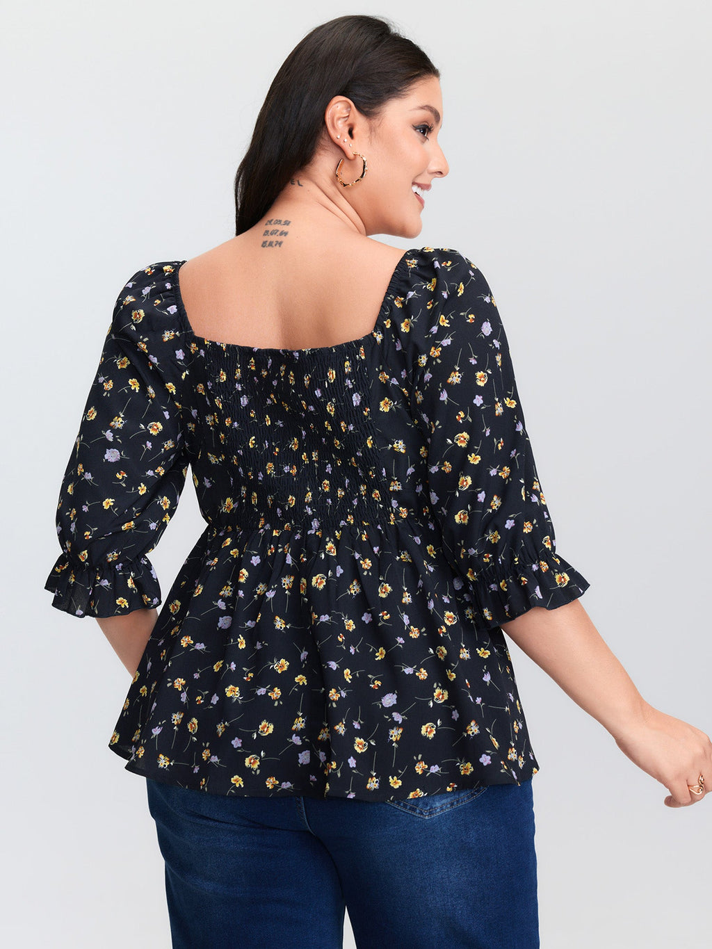 Floral Print Shirred Cuff Sleeve Blouse