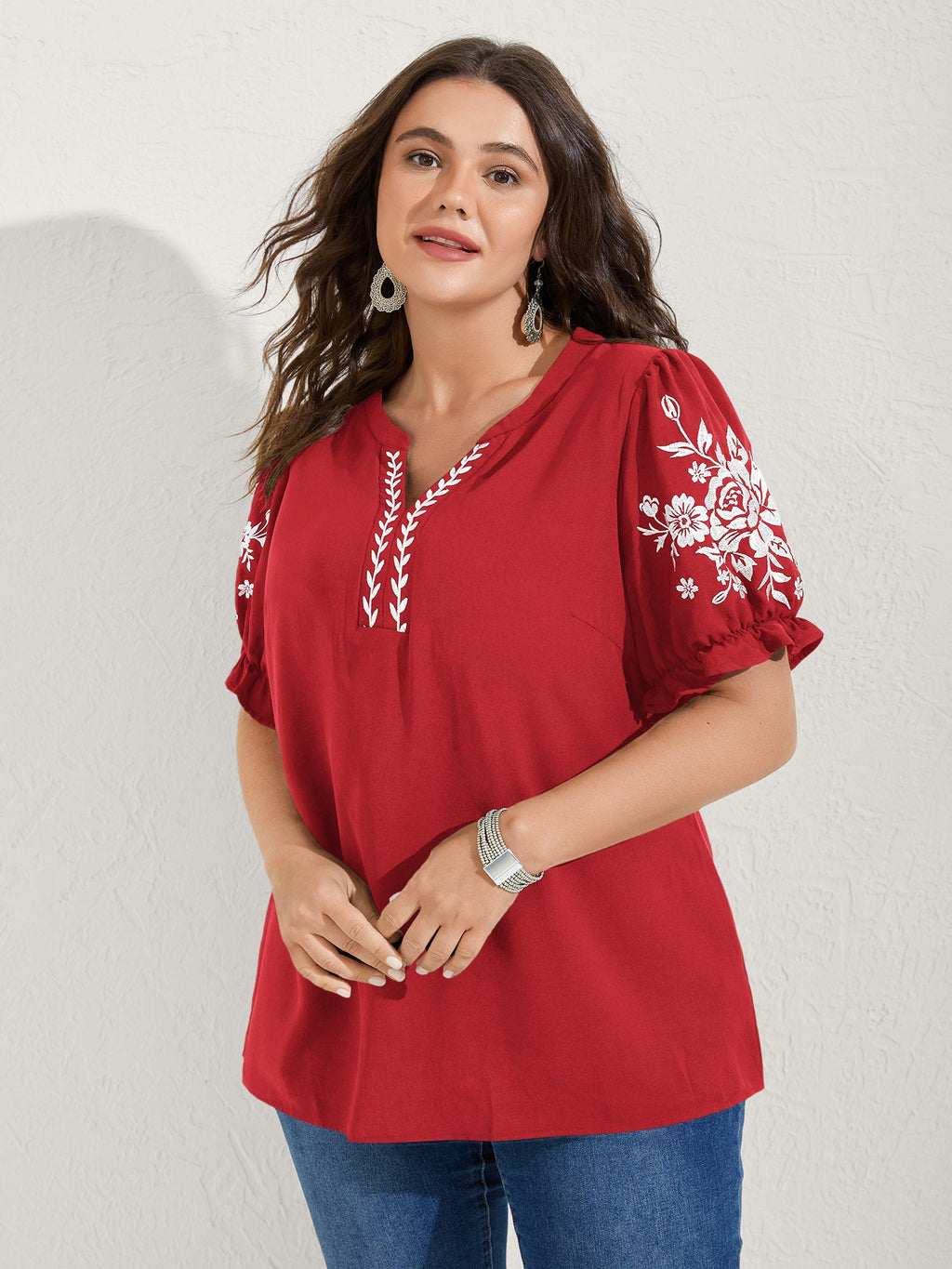 Notched Collar Embroidered Ruffled Blouse