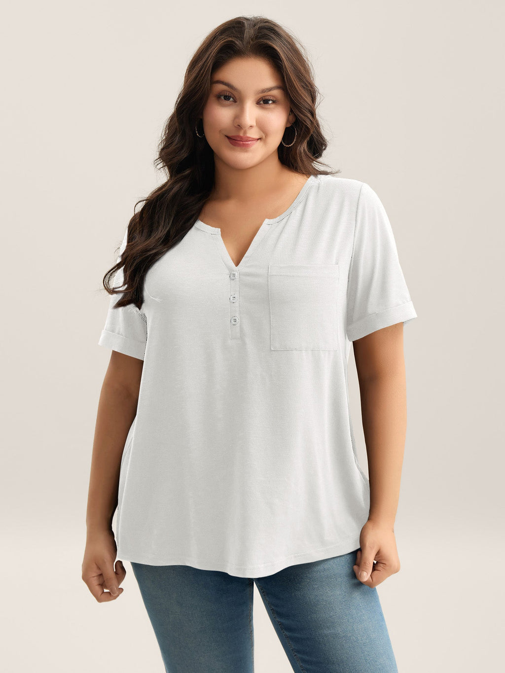Solid Split Neck Button Detail T-Shirt