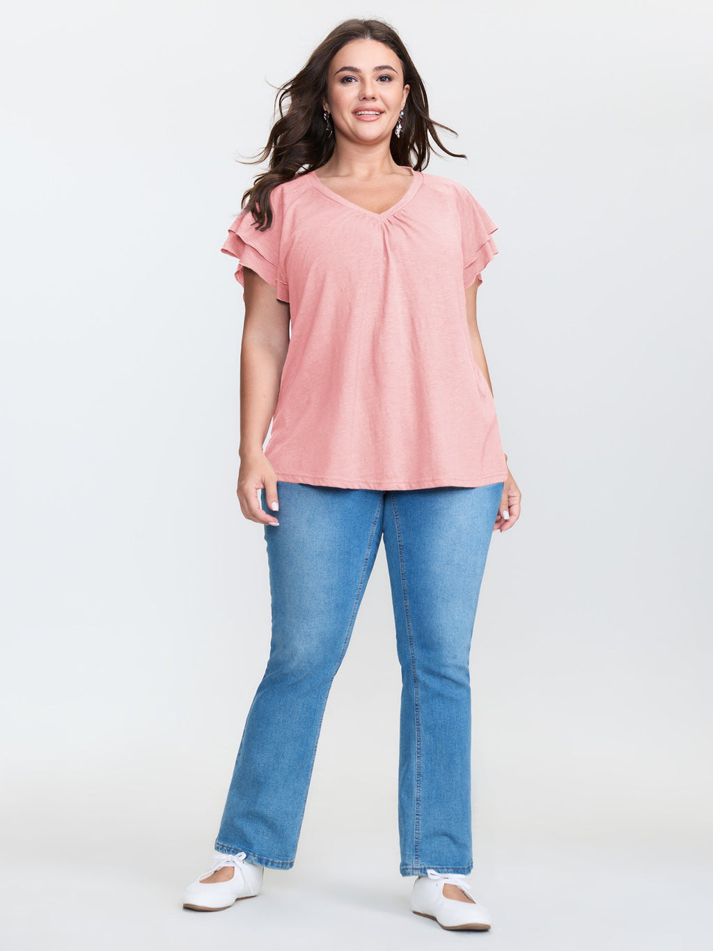 Stretchy Textured Flared Sleeve T-Shirt