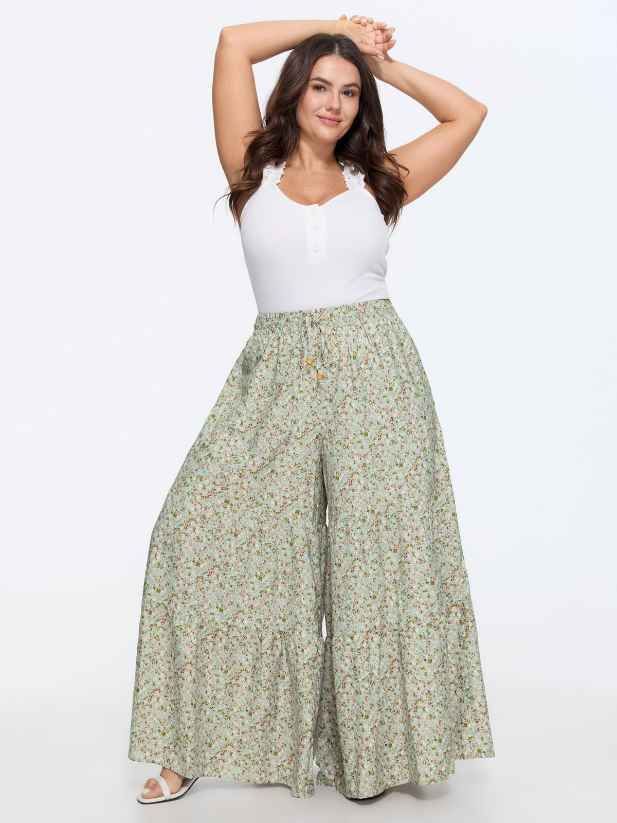 Micro Floral Print Wide Waistband Pants