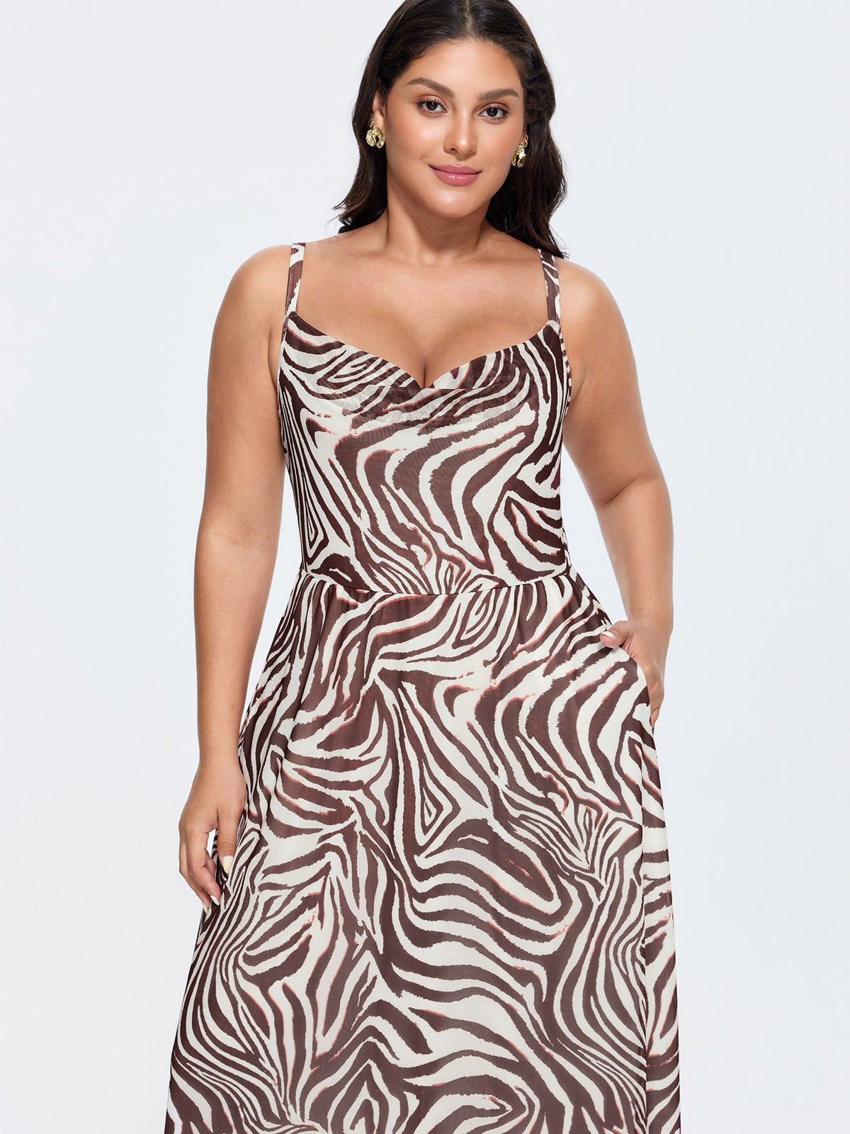 Stretchy Zebra Print Asymmetrical Hem Midi Dress