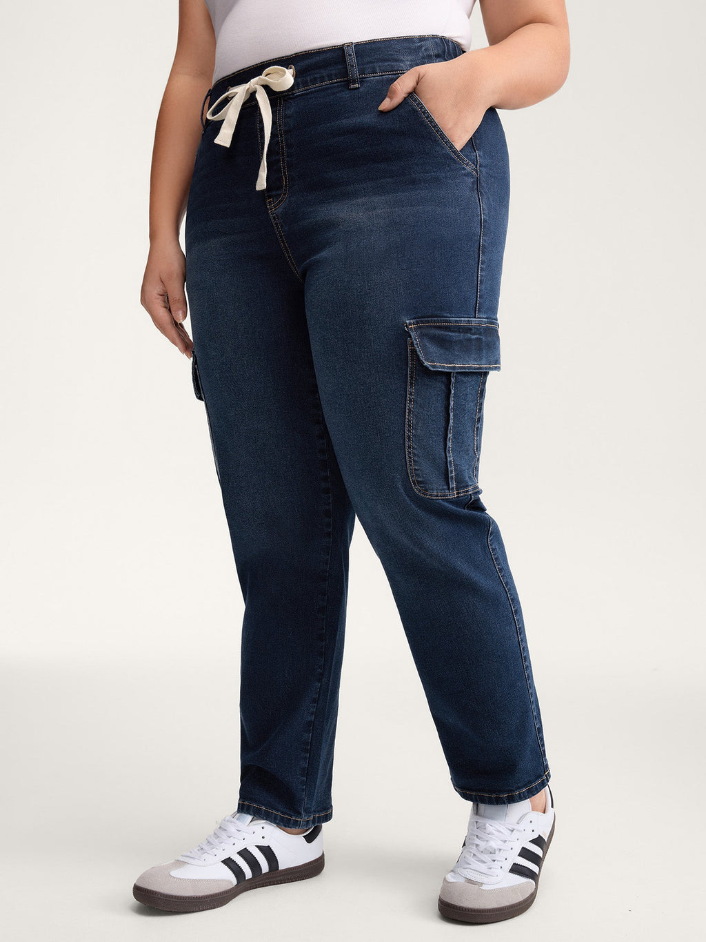 Drawstring Straight-Leg Cargo Jeans