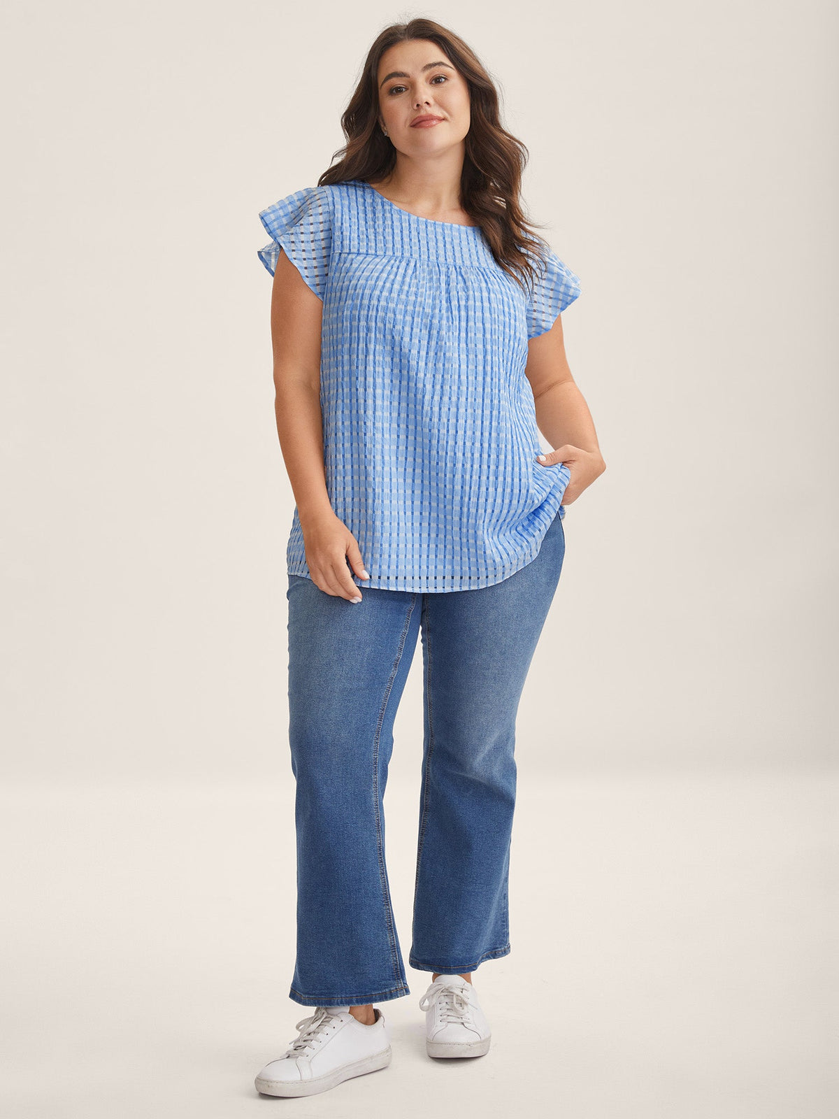 Textured Sheer Lined Flutter Sleeve Blouse