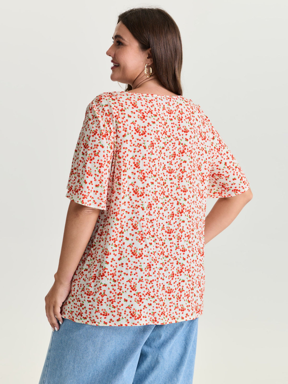 Floral Ruffle Sleeve Gathered Round Neck Blouse