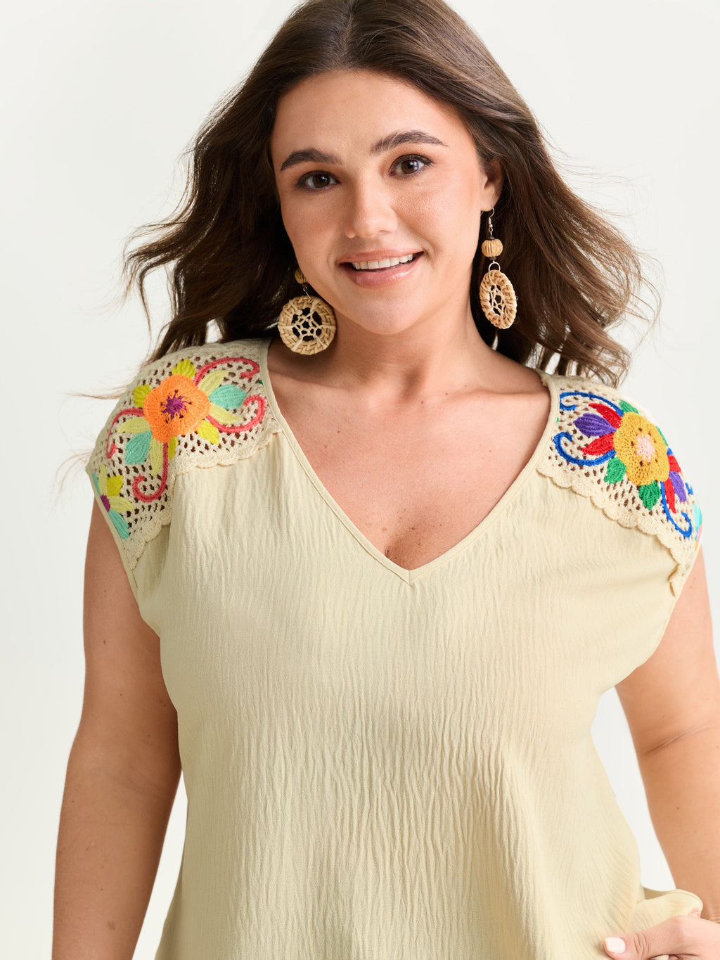 Colorful Openwork Crochet V-Neck Blouse