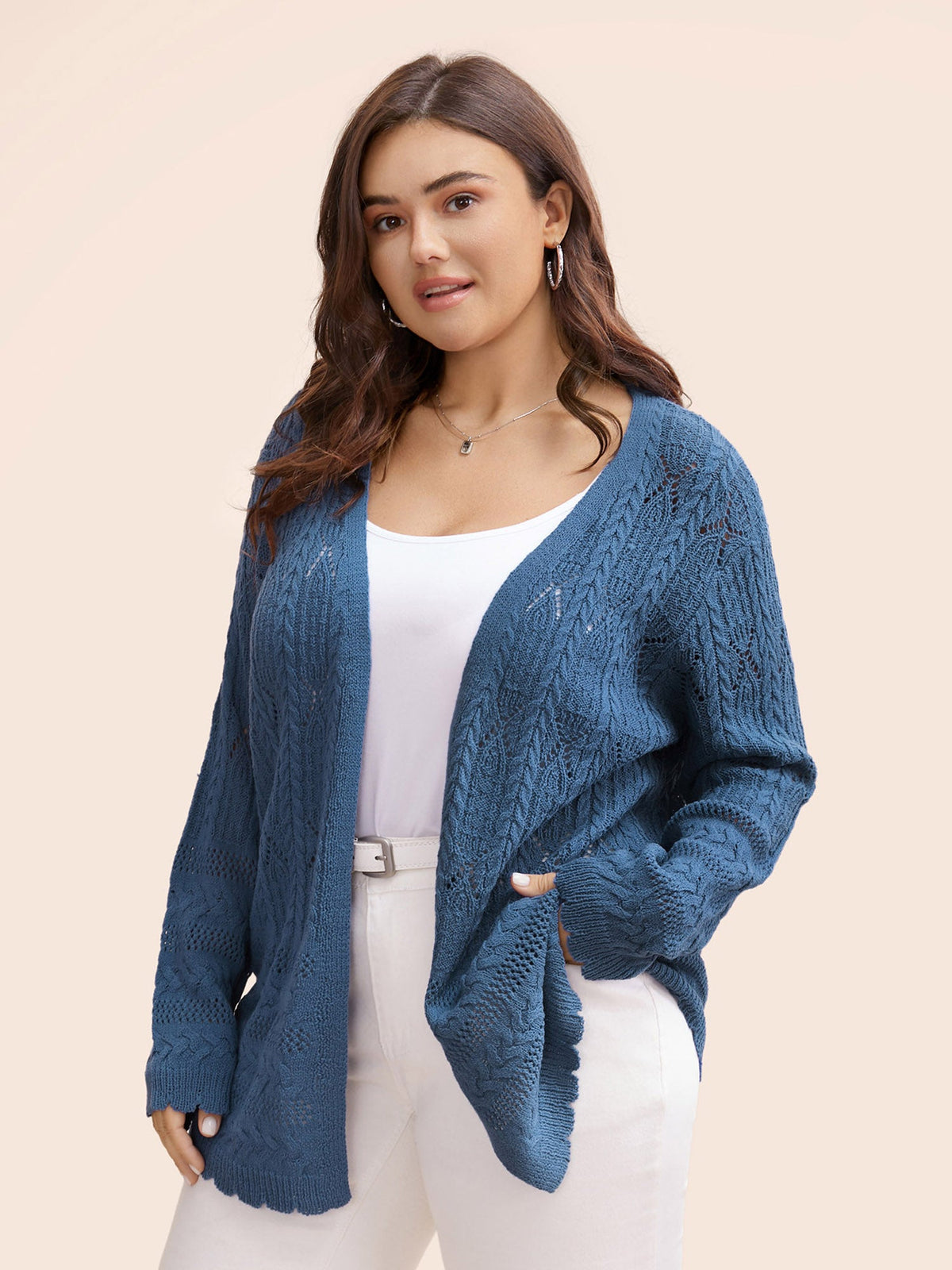Solid Scalloped Trim Cable Knit Cardigan