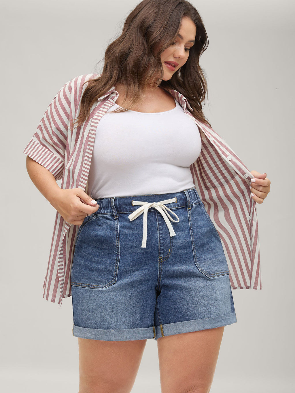 Pull-On Folded Hem High-Rise Denim Shorts