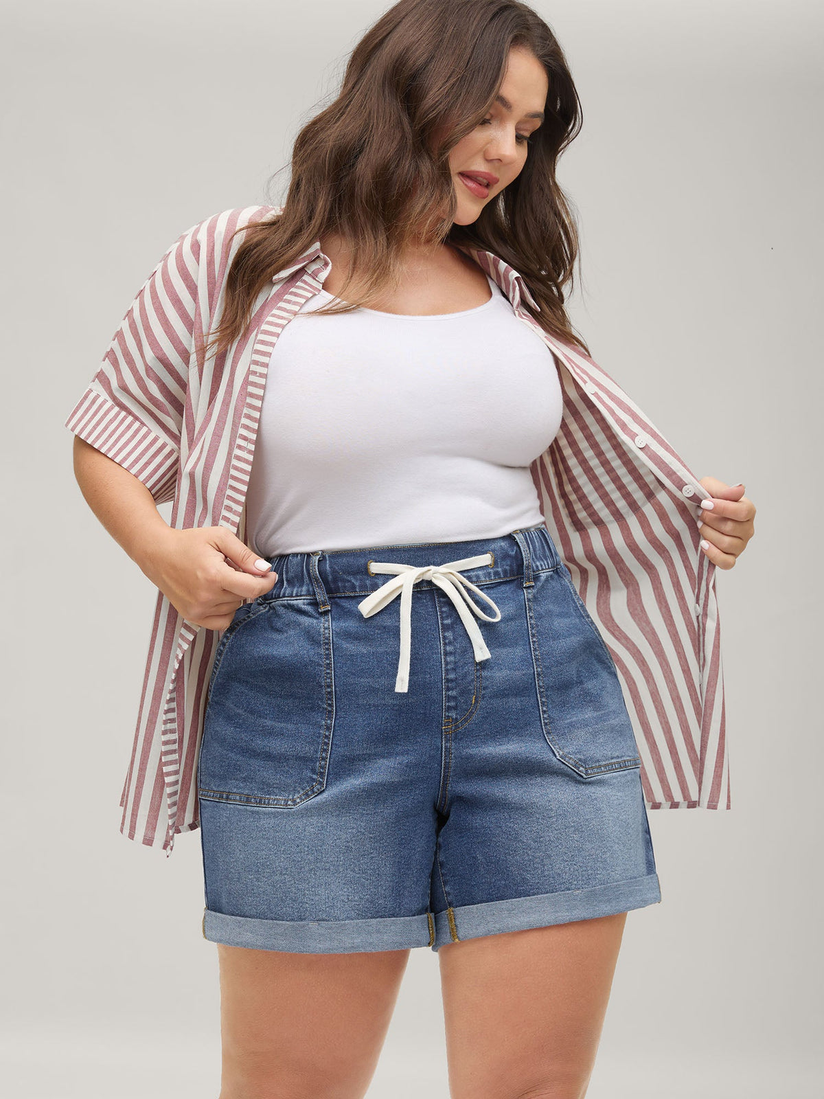 Pull-On Folded Hem High-Rise Denim Shorts
