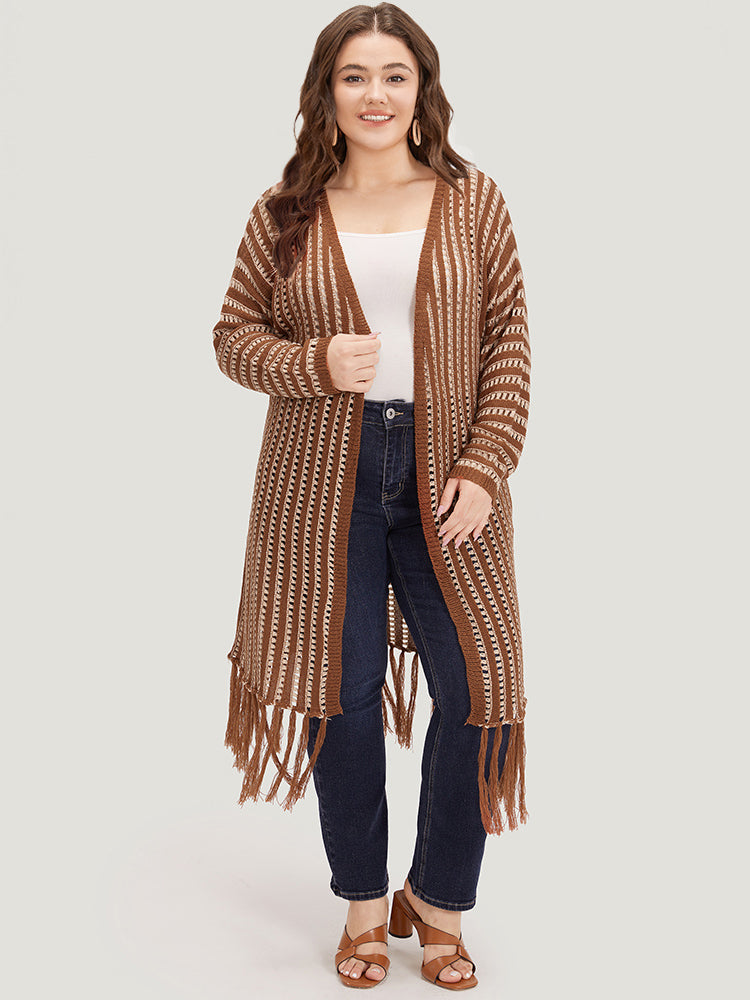 Striped Open Front Tassel Trim Hollow Out Cardigan