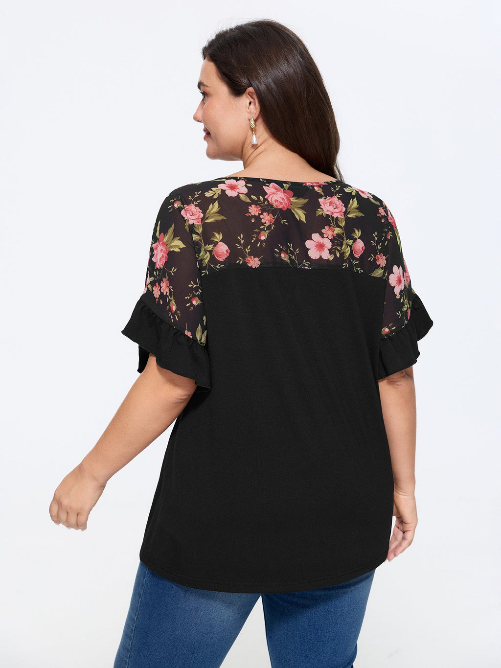 Supersoft Floral Print Ruffle Sleeve Patchwork Top