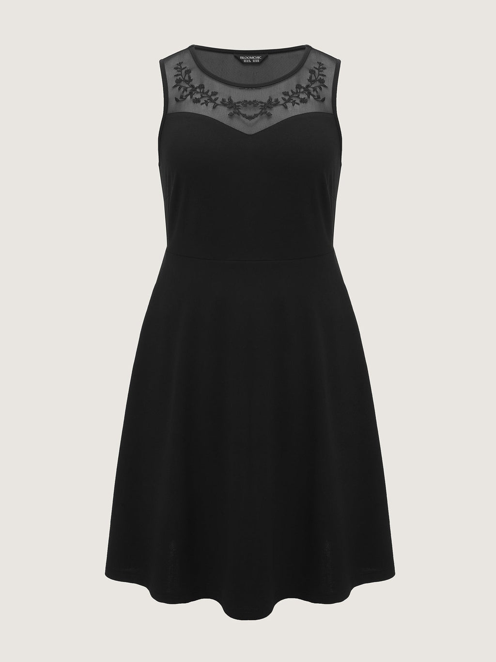 Stretchy Sheer Mesh Embroidered Neckline Midi Dress