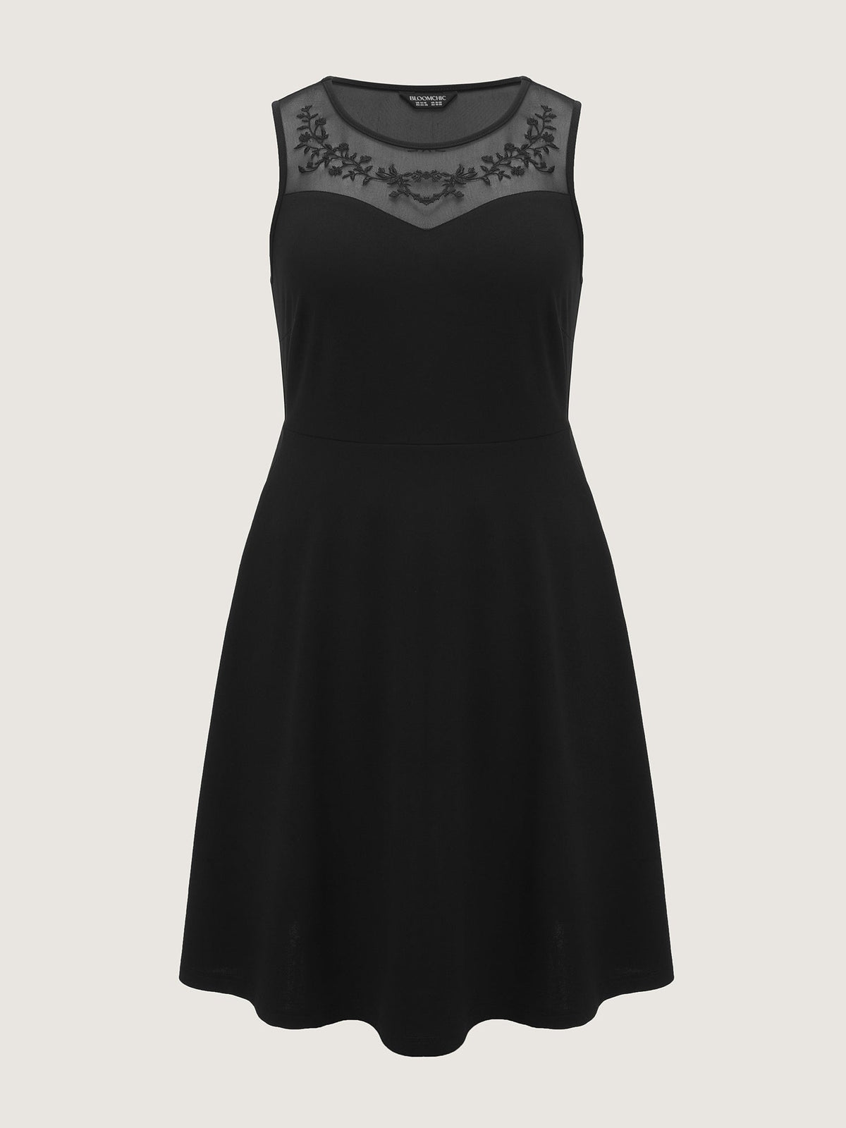 Stretchy Sheer Mesh Embroidered Neckline Midi Dress