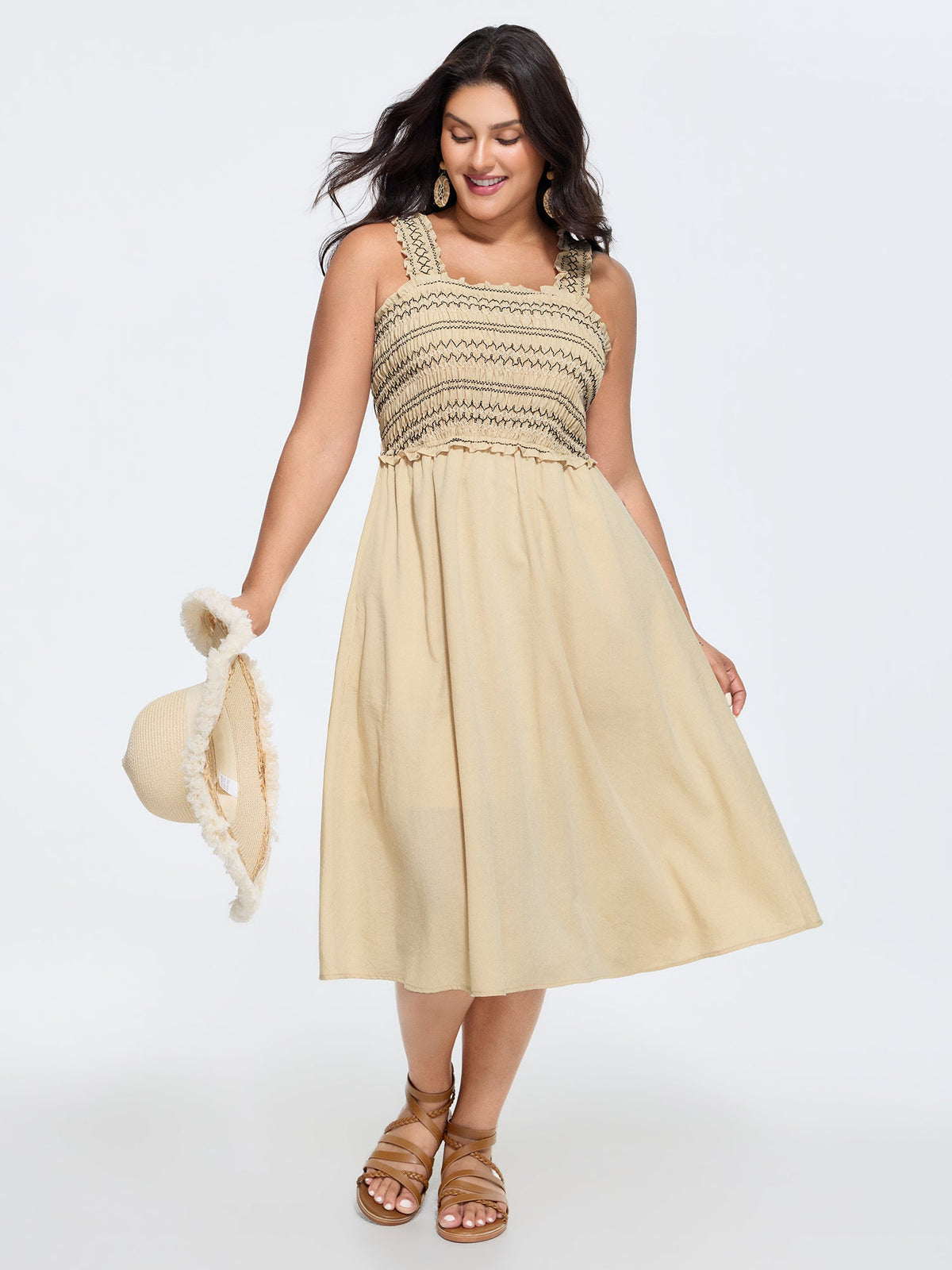 Color Contrast Shirred Easy-Fit Midi Dress