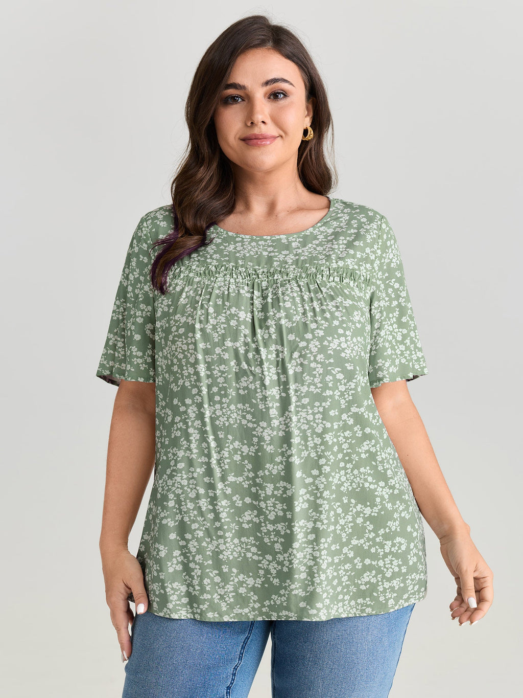 Floral Ruffle Sleeve Gathered Round Neck Blouse