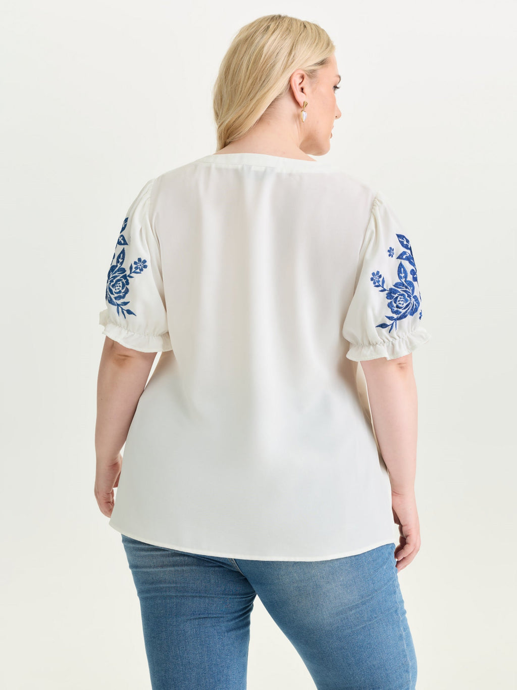 Notched Collar Embroidered Ruffled Blouse