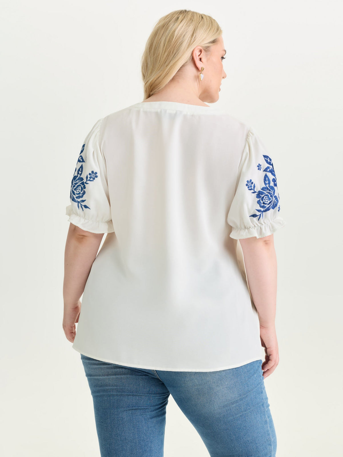 Notched Collar Embroidered Ruffled Blouse