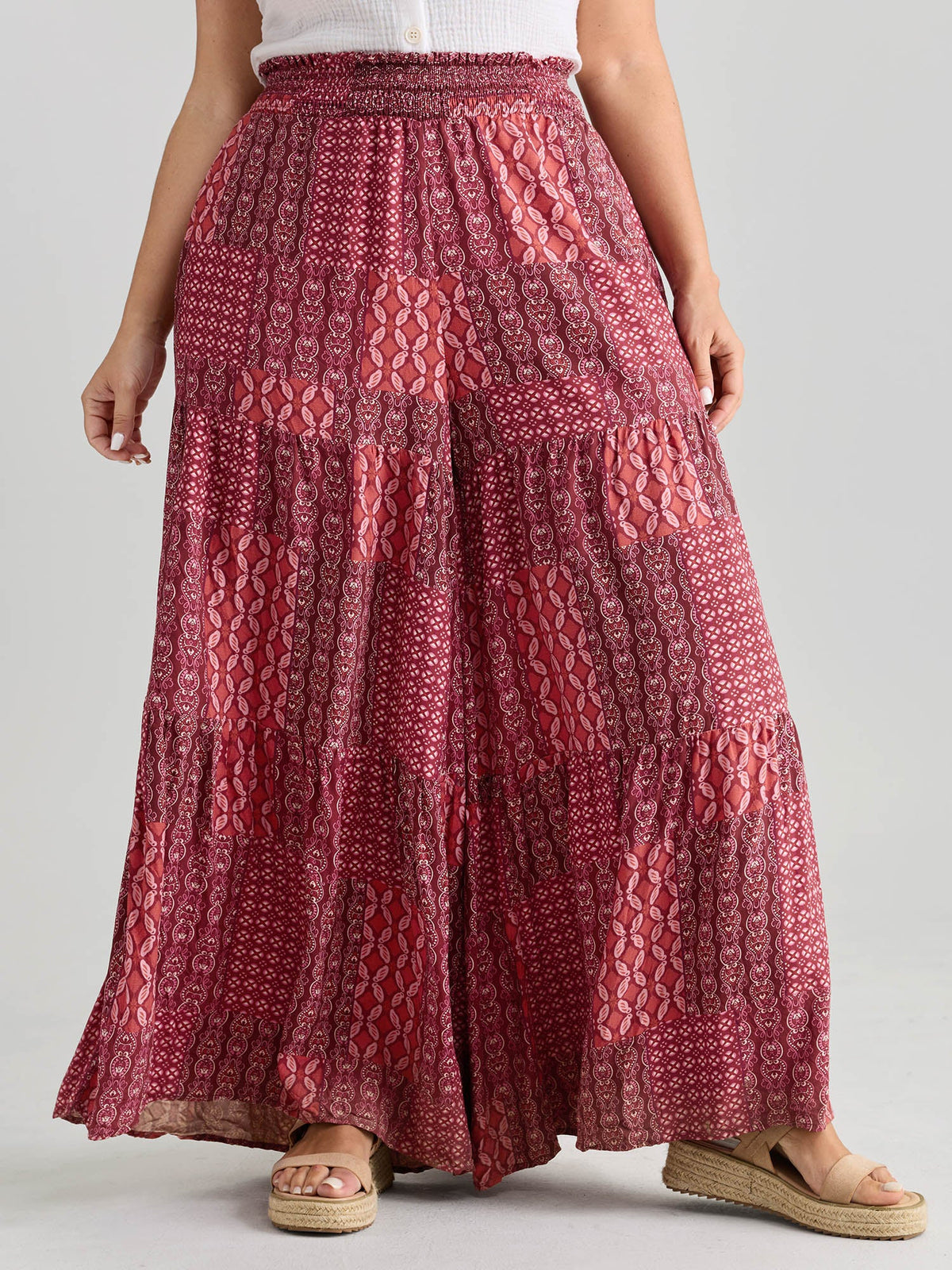Geometric Print Flared Shirred Waist Pants
