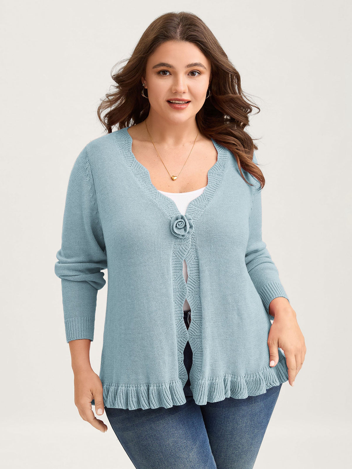 Supersoft Textured Floral Button Ruffled Hem Knit Cardigan