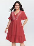 Floral Embroidery V-Neck Tiered Mini Dress