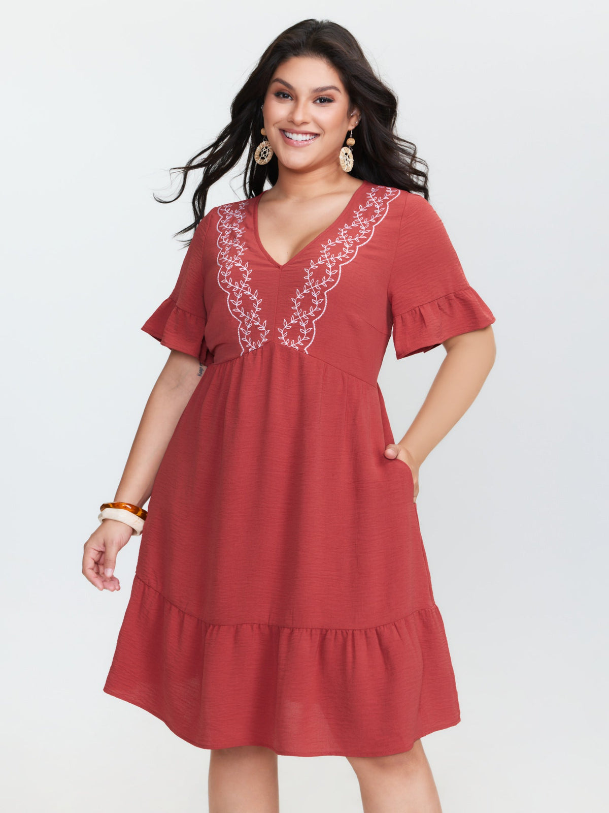 Floral Embroidery V-Neck Tiered Mini Dress