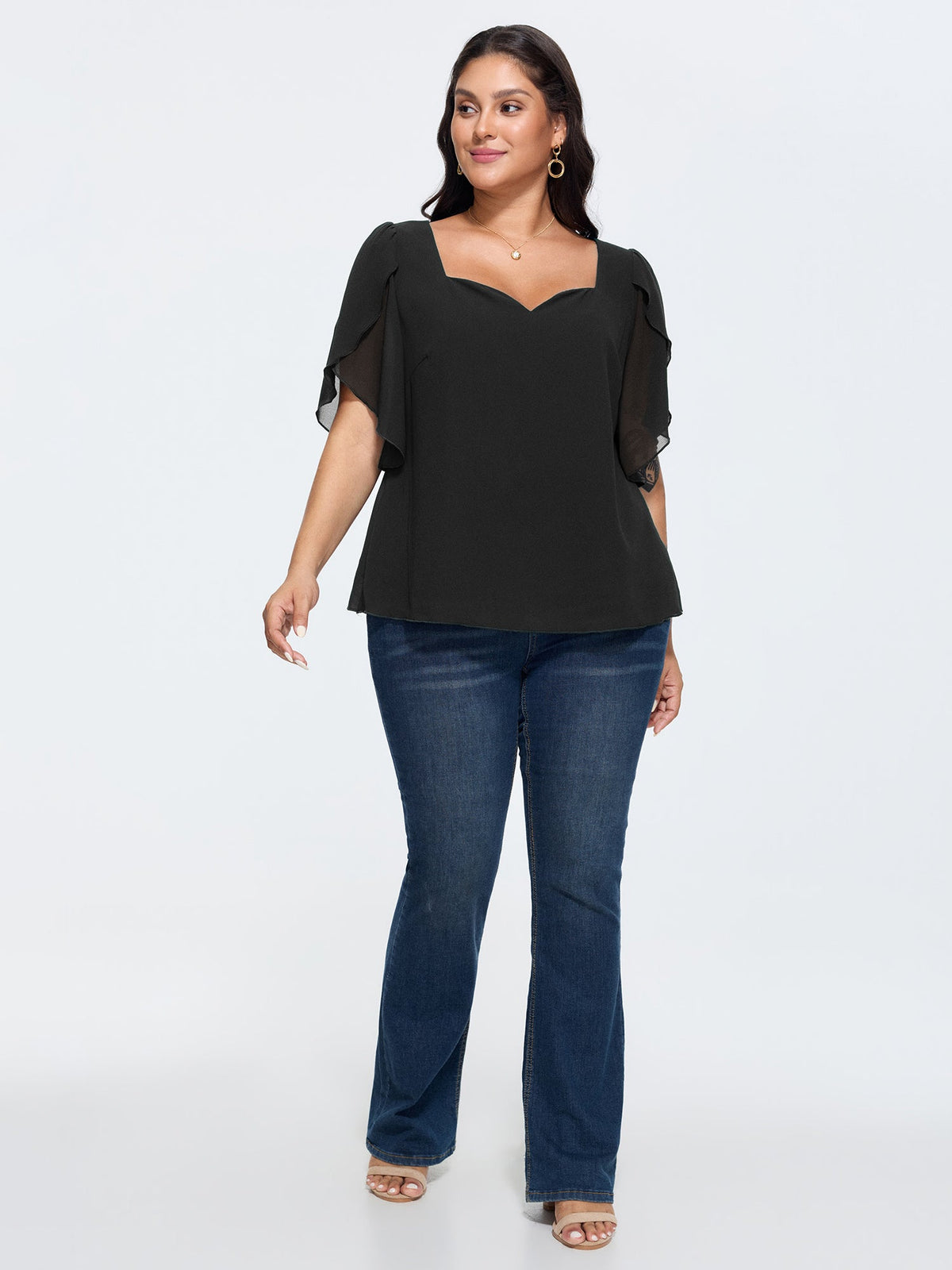 Petal Sleeve Sweetheart Neckline Blouse