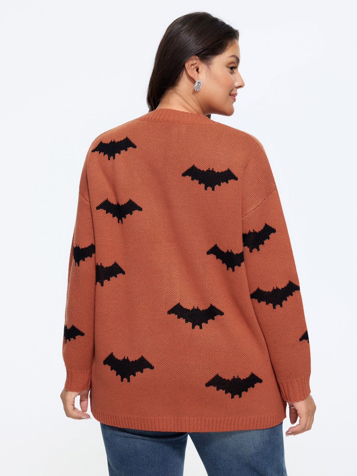 Bat Jacquard Arc Hem Open Front Cardigan