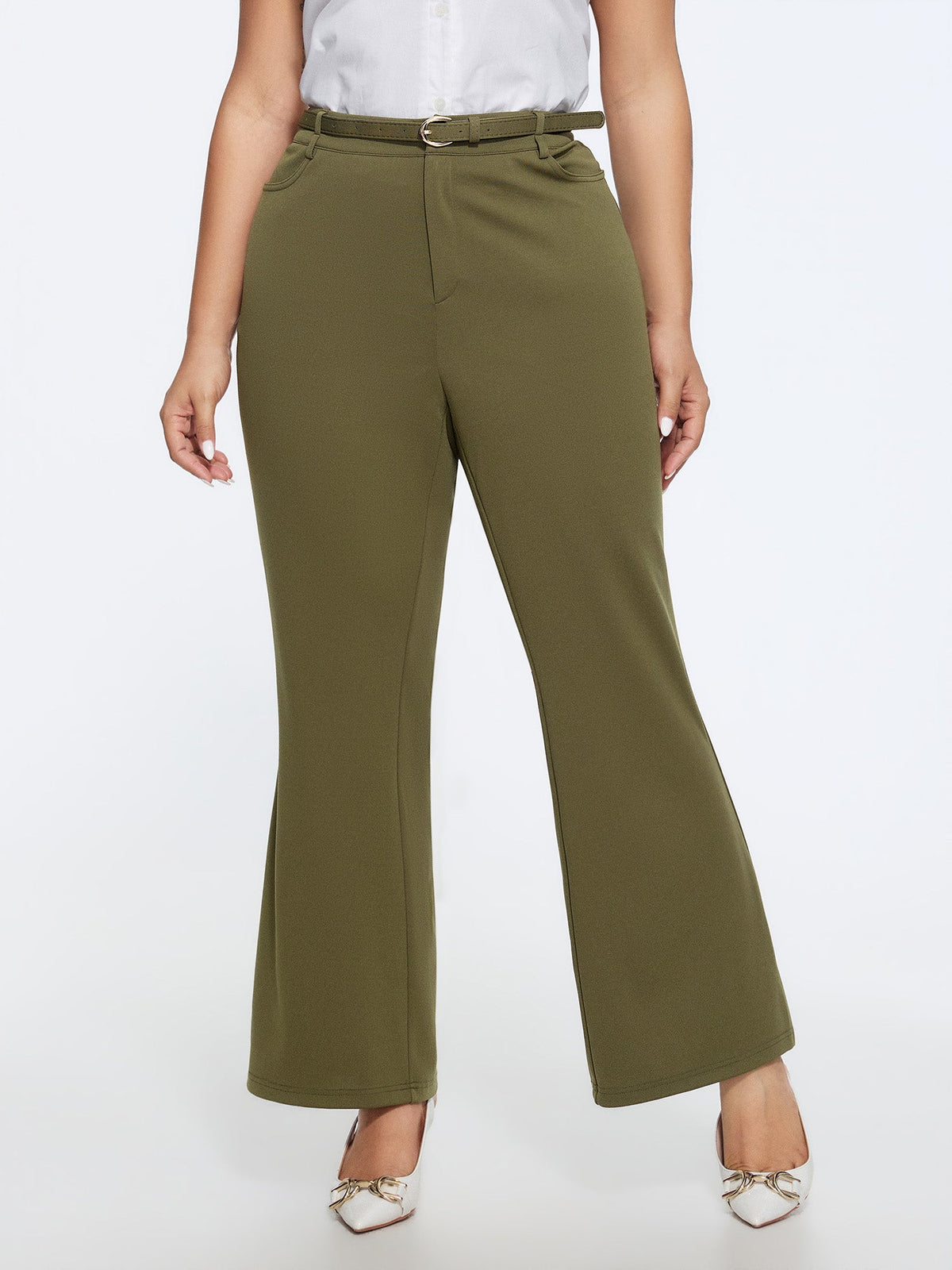 Matching Belt High Waist Pocket Bootcut Pants