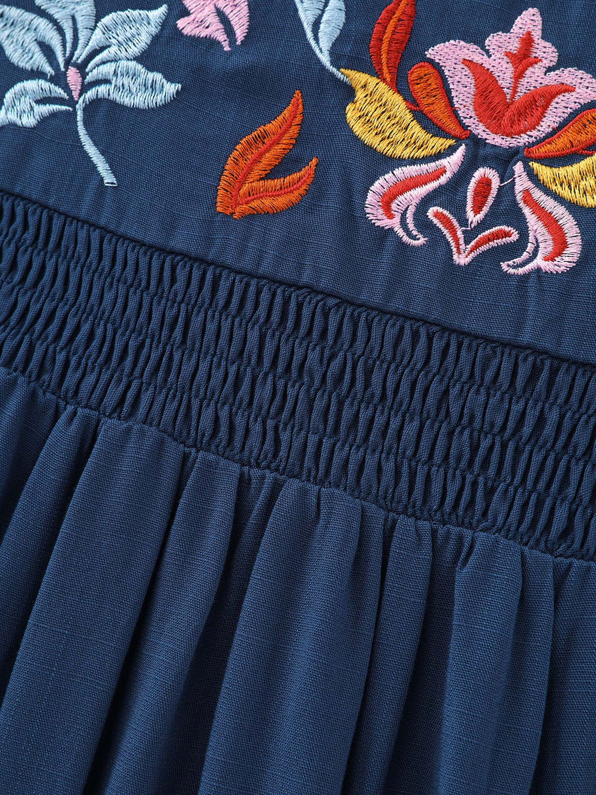 Cotton Floral Embroidered Shirred Flowy Blouse