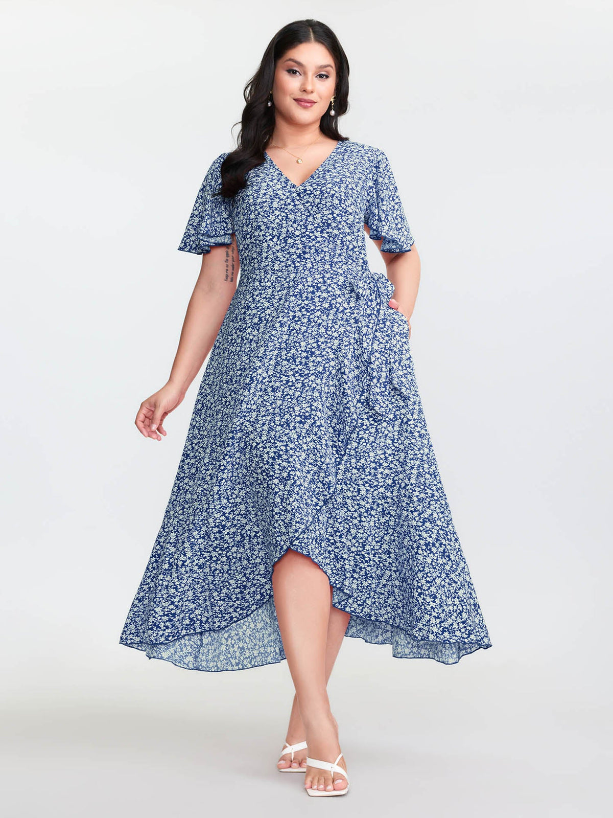 Ditsy Floral Print Flared Sleeve Maxi Dress