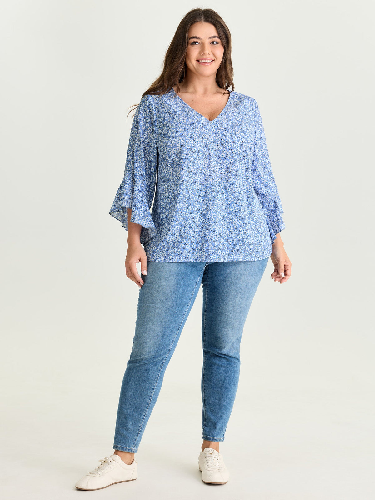 Floral Print Flared Ruffled Sleeve Blouse