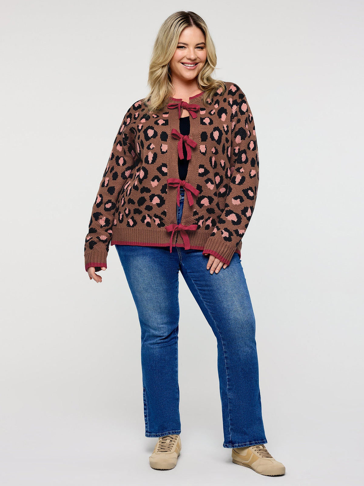 Leopard Pattern Color Contrast Bow Knit Cardigan