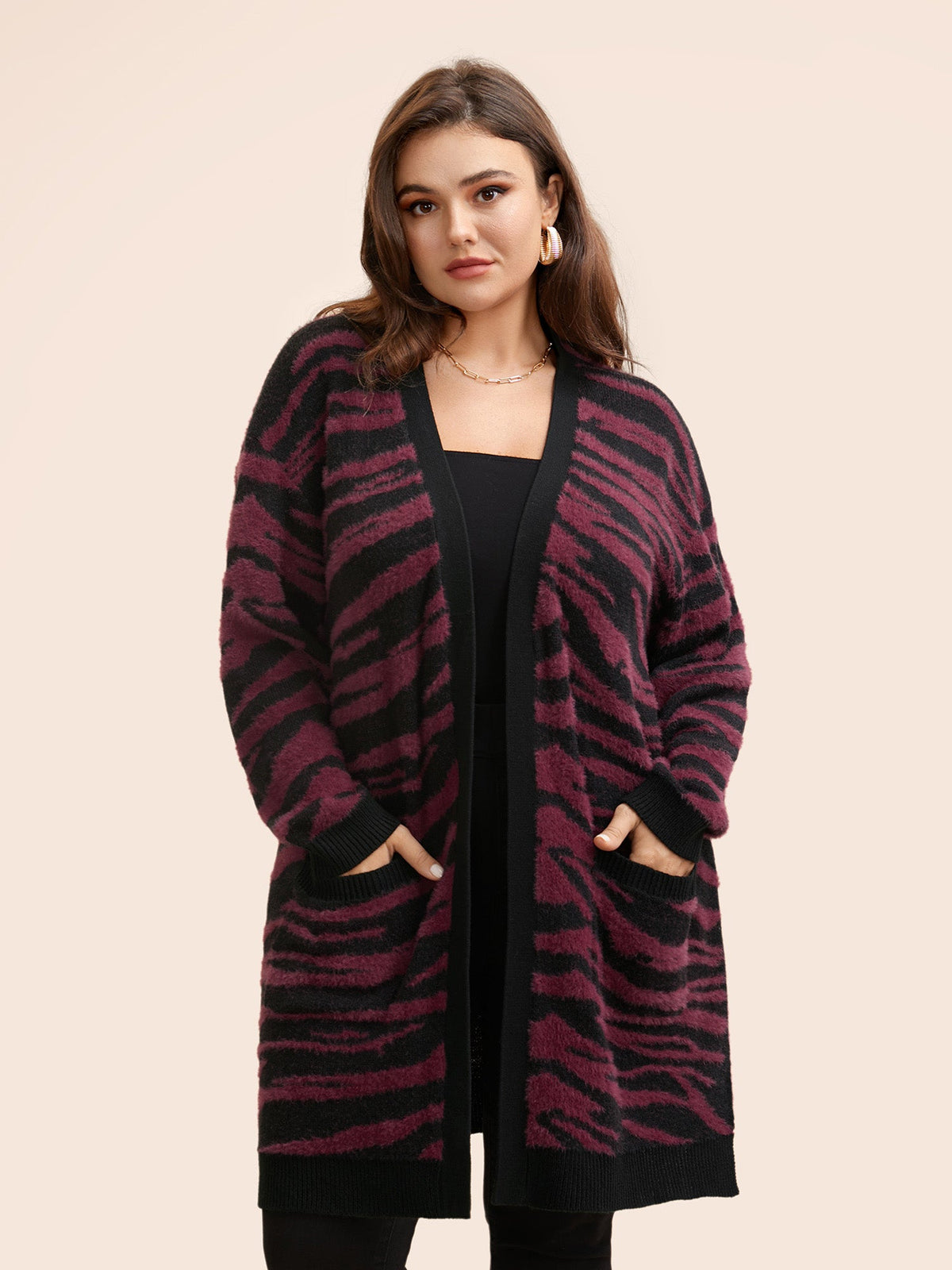 Zebra Print Fluffy Patch Pocket Cardigan