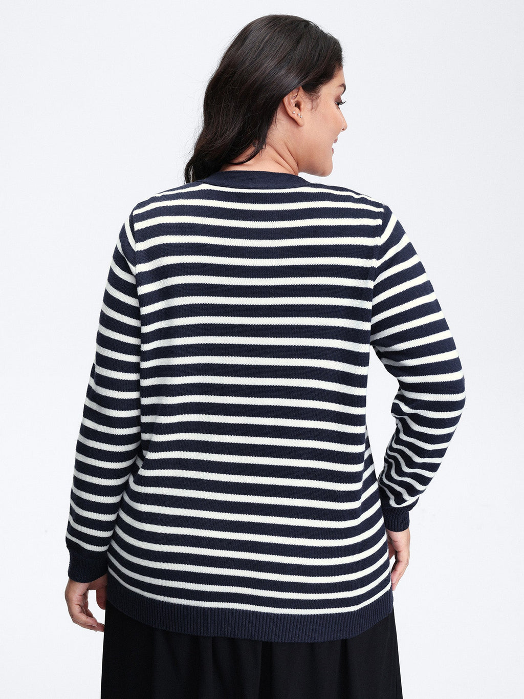 Wool-Blend Stripe Button Pockets Knit Cardigan
