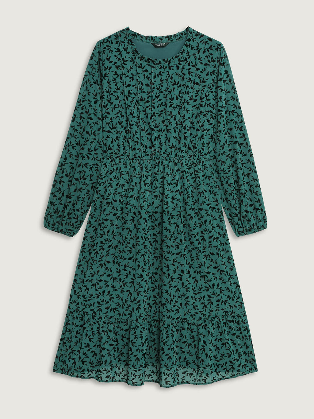 Flocked Floral Shirred Ruffled Neck Midi Dress