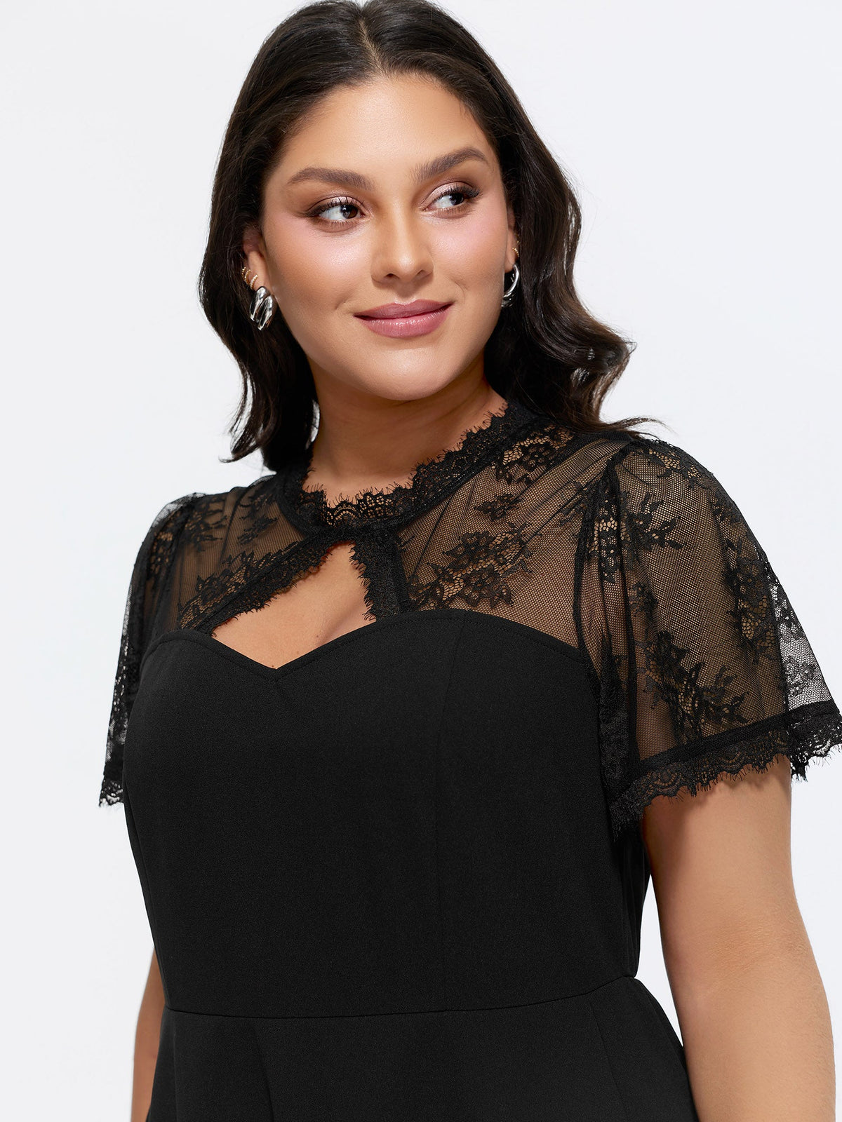Sheer Lace Neckline Sweetheart Midi Dress