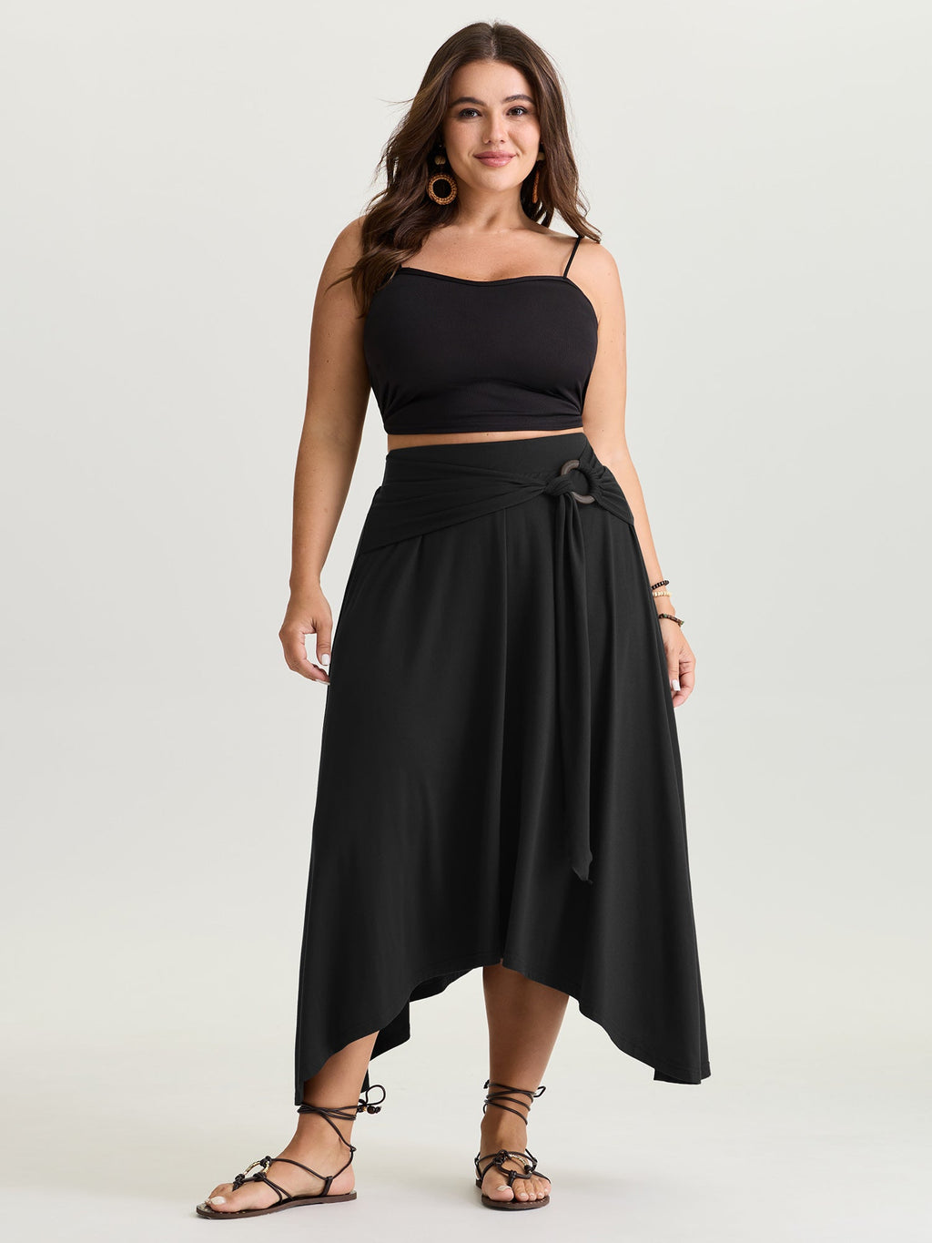Supersoft Ring Detail Tie Asymmetrical Hem Midi Skirt