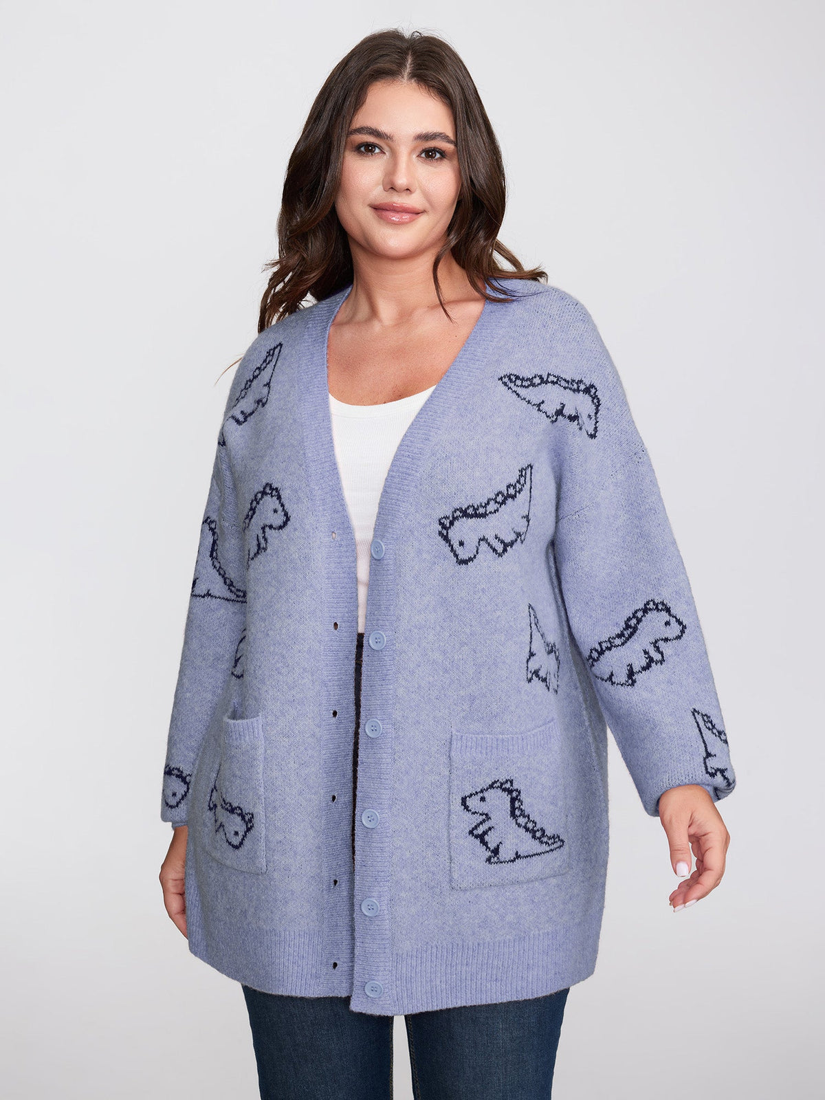 Jacquard Dinosaur Print Knit Cardigan