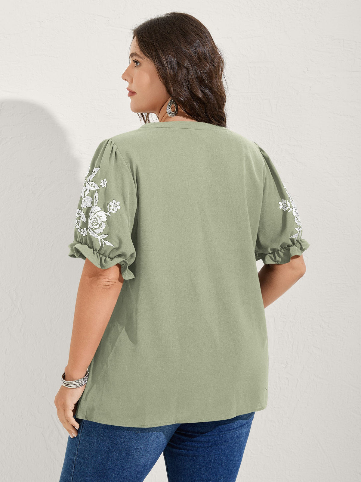 Notched Collar Embroidered Ruffled Blouse