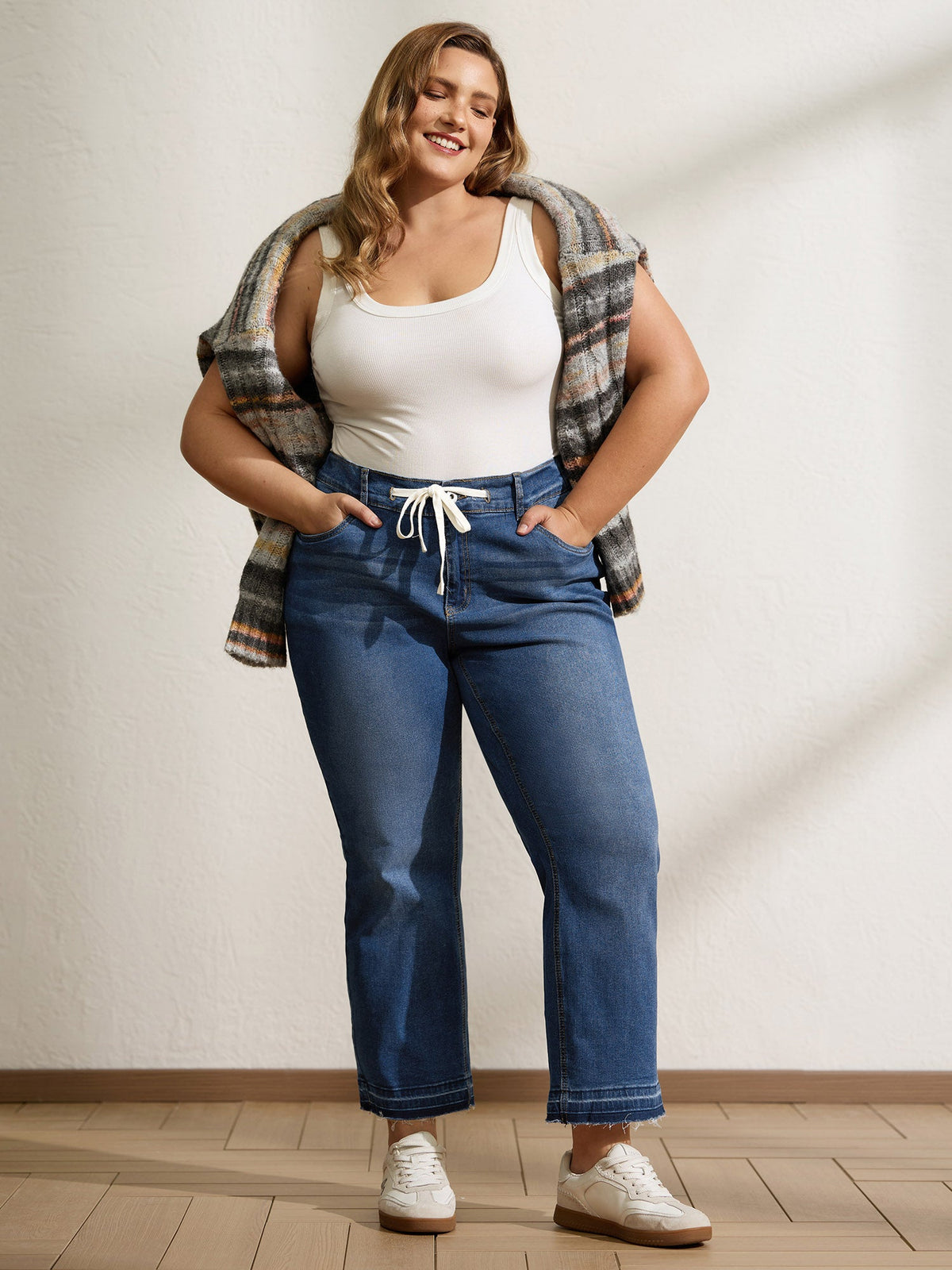 Drawstring Frayed Hem Straight-Leg Jeans