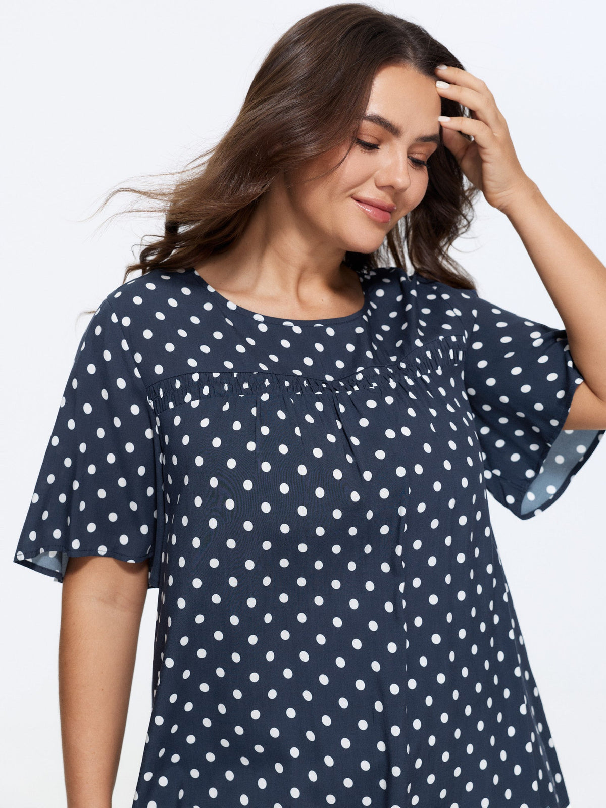 Floral Ruffle Sleeve Gathered Round Neck Blouse