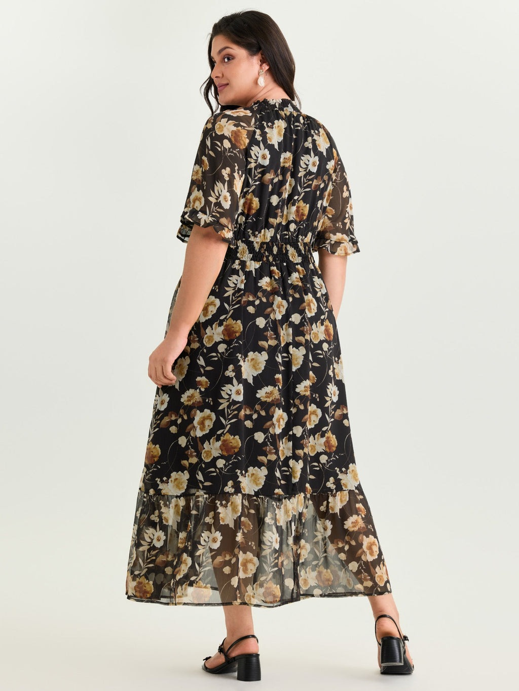 Floral Print Pockets Shirred Mock Neck Maxi Dress