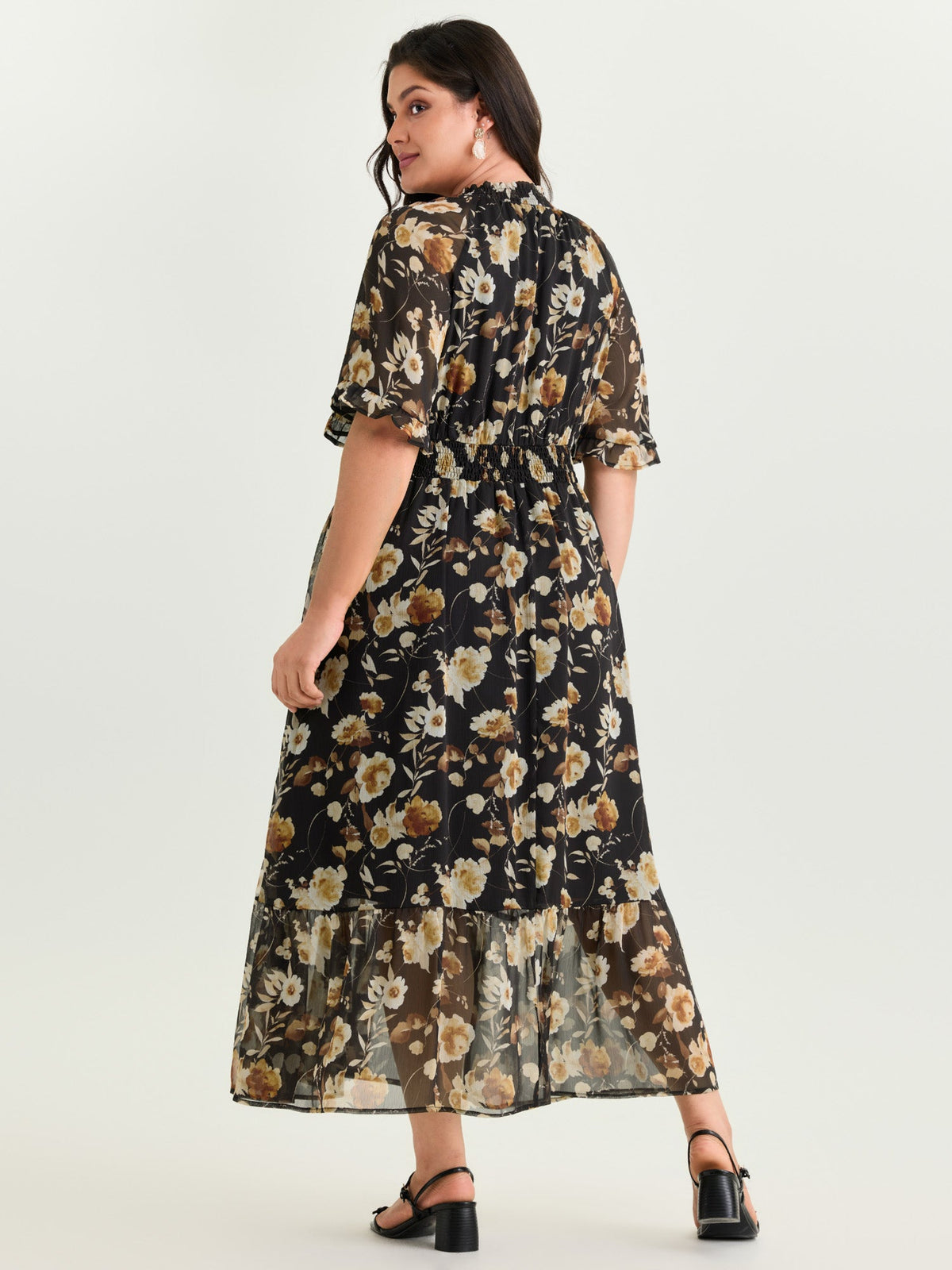 Floral Print Pockets Shirred Mock Neck Maxi Dress